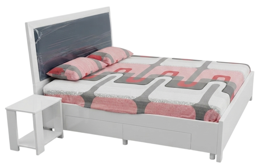 King size bed with tufted headboard and matching bedside table