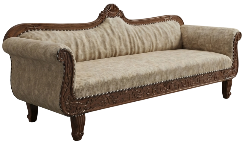 Carved wood-frame 3-seater sofa with cream upholstery