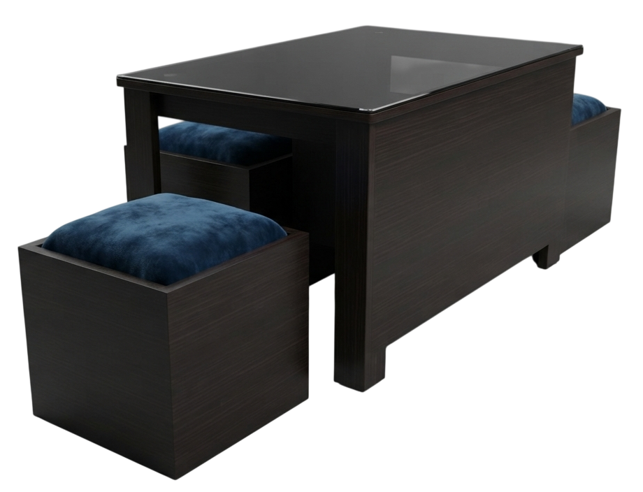 Wooden coffee table with glass top and two velvet cube ottomans
