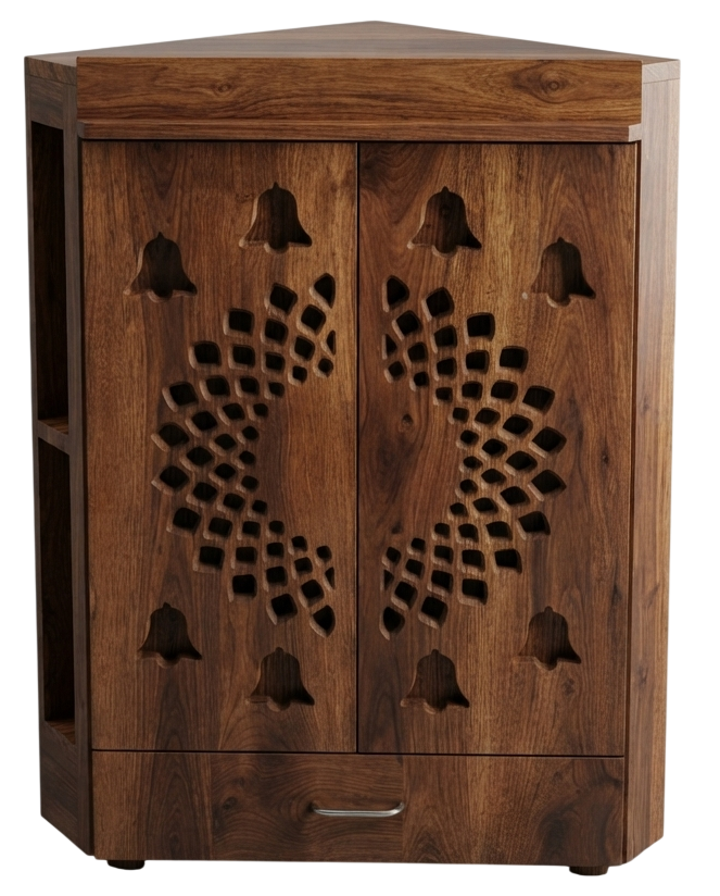 Carved wood corner pooja cabinet with bell motifs