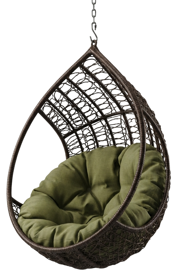 Hanging egg chair with woven wicker frame and olive green cushion