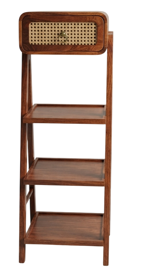 Wooden ladder shelf unit with rattan-cane drawer