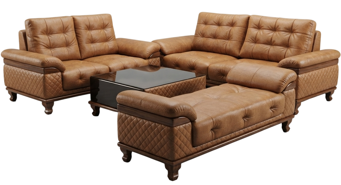 Tan leather sofa set with matching ottoman and coffee table