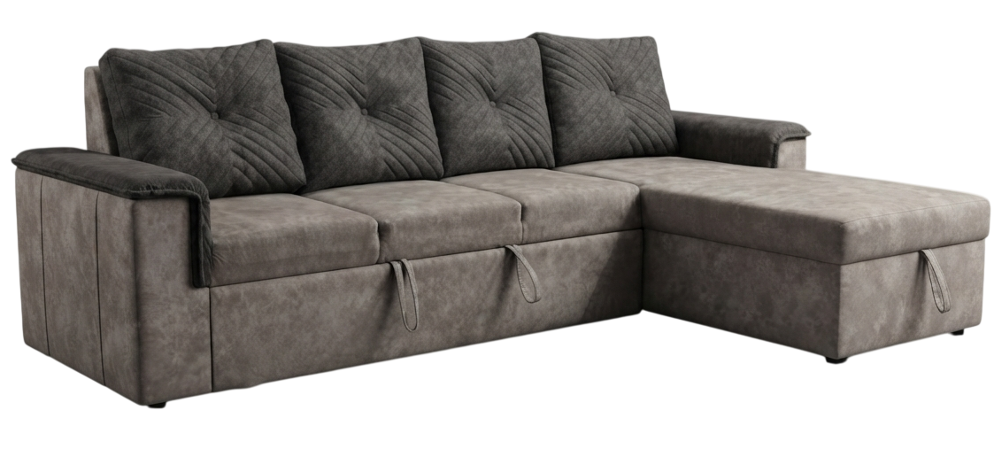 Grey L-shape sectional sofa with pull-out storage chaise