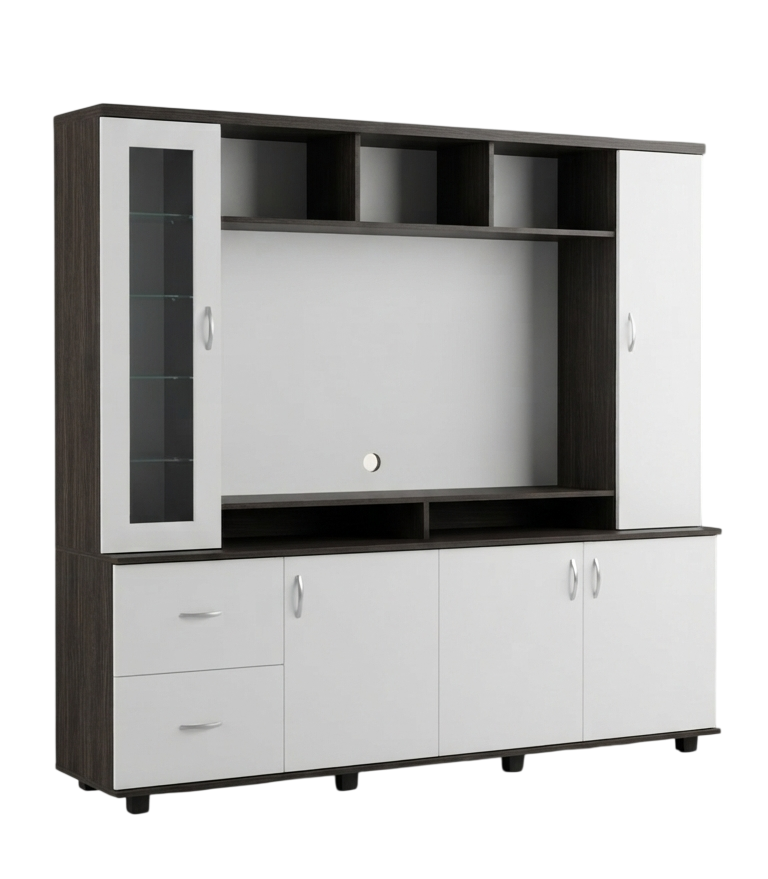 Wall-mounted TV unit with glass display cabinet and storage