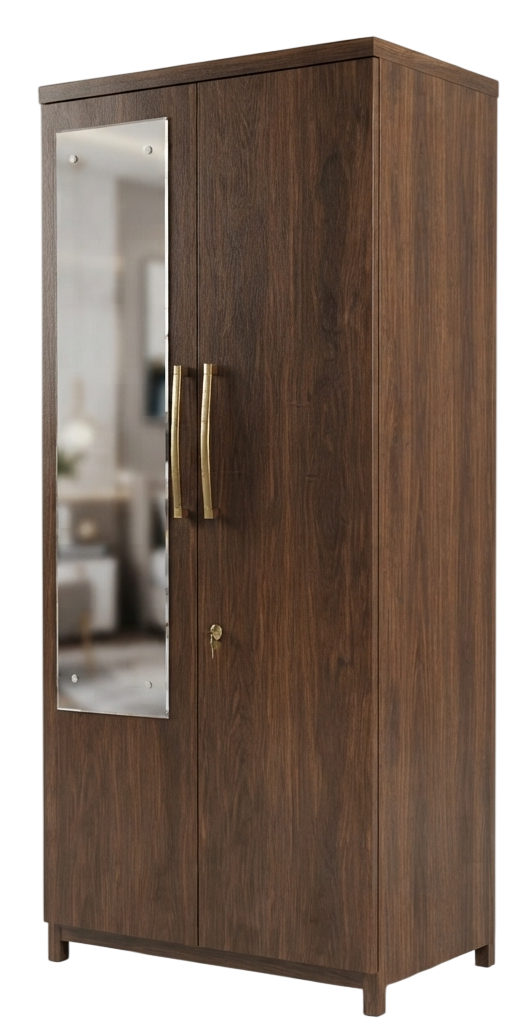 Two-door wooden wardrobe with full-length mirror and brass handles