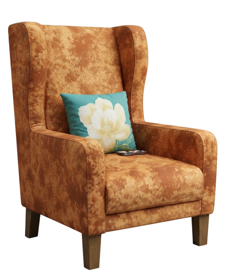 Wingback lounge chair in rust patterned fabric with floral cushion